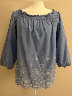 Ann Taylor Factory Blue Eyelet Embroidered Peasant Blouse Size L - EUC
